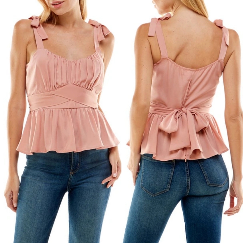 Row A Pink Satin Peplum Sleeveless Tie Back Top XL